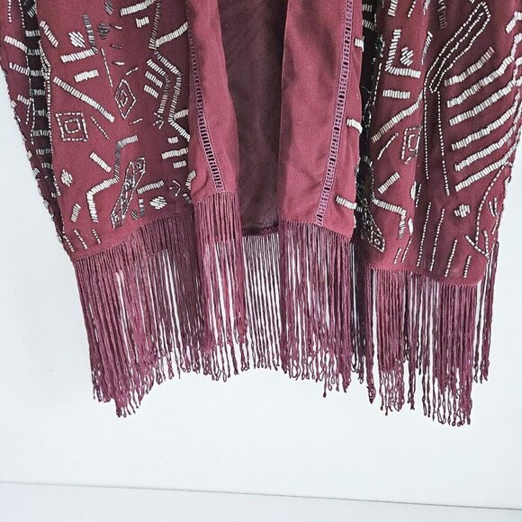 Willow  Clay Burgundy Beaded Fringe Detail Sheer Jacket S - Picture 5 of 12